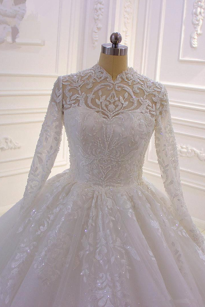 Ball Gown High Neck Long Sleeves Floor-length Tulle Wedding Dress With Beading 3