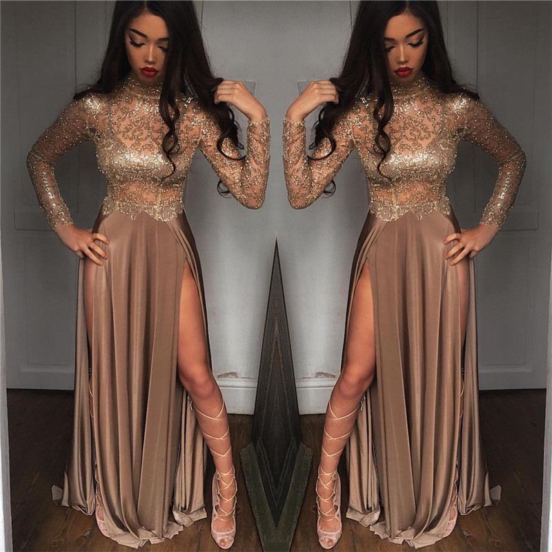 High Neck Champagne Gold  Evening Dress Splits Long Sleeve Illusion Prom Dress -  and  Glamour 2