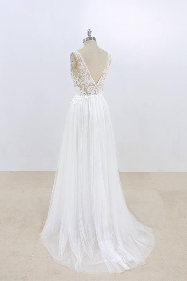 A-line V-neck Sleeveless Sweep / Brush Train Tulle Wedding Gown With Lace 4