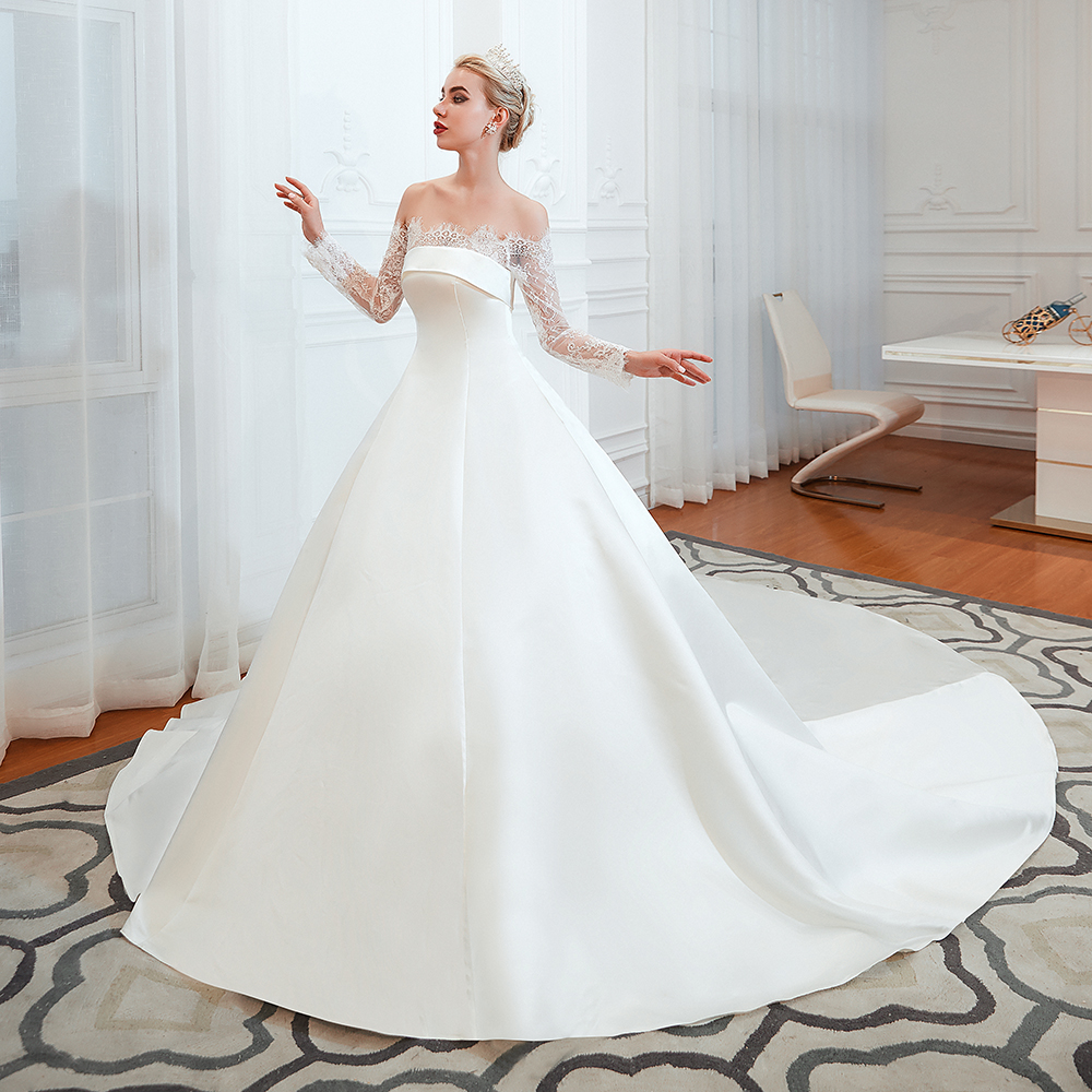 Bateau Neck Long Sleeves Cathedral Train Satin Wedding Gown With Lace 11