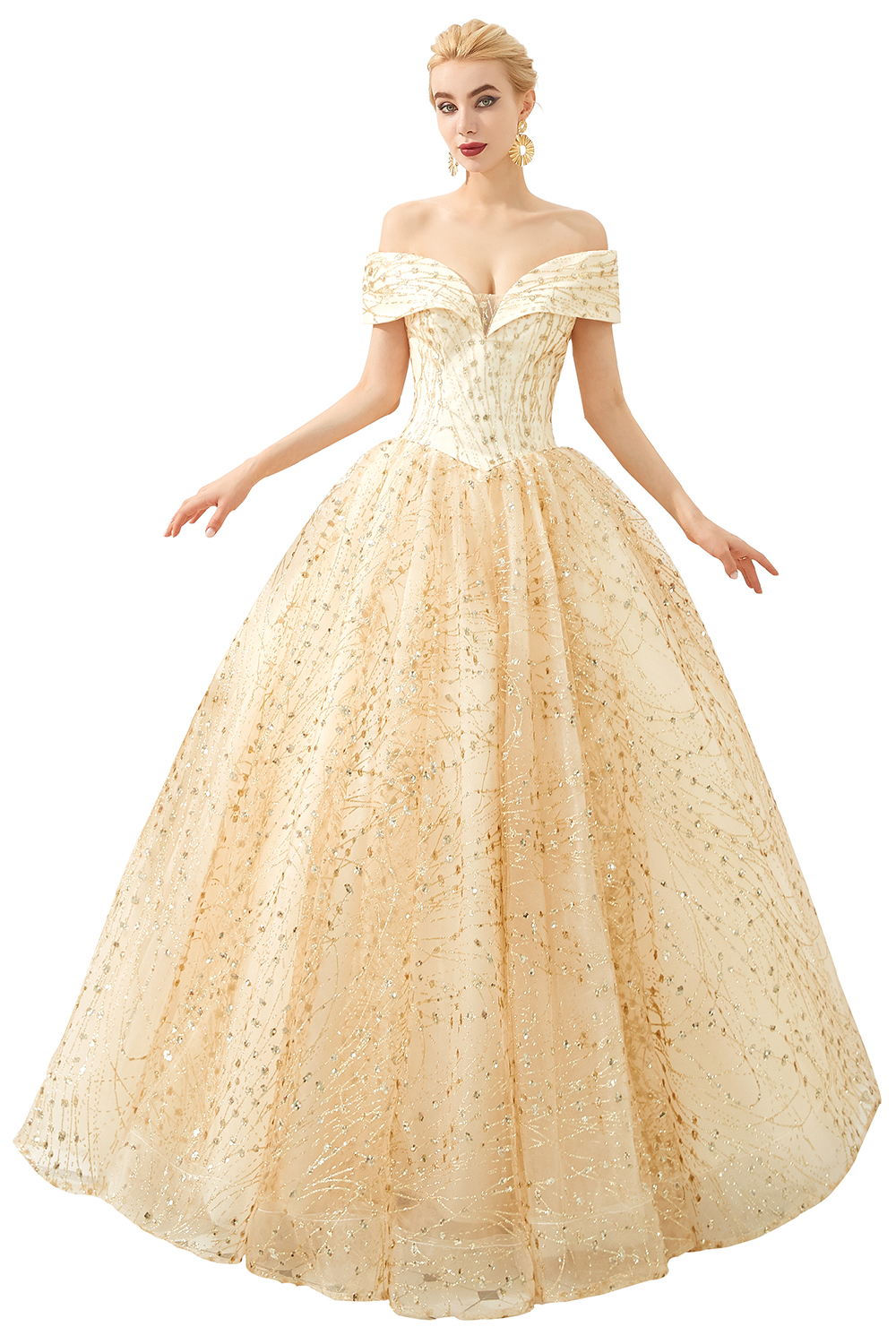 Off-the-shoulder Cap Sleeves Sweep / Brush Train Tulle Formal Wear With Sequins 3
