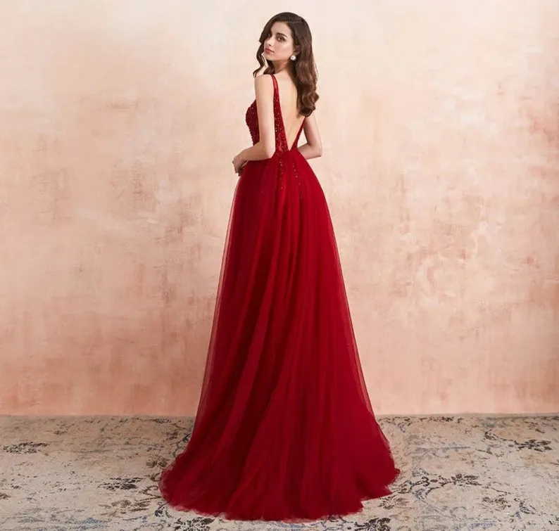 A-line V-neck Sleeveless Floor-length Tulle Evening Dress With Ruffles 3