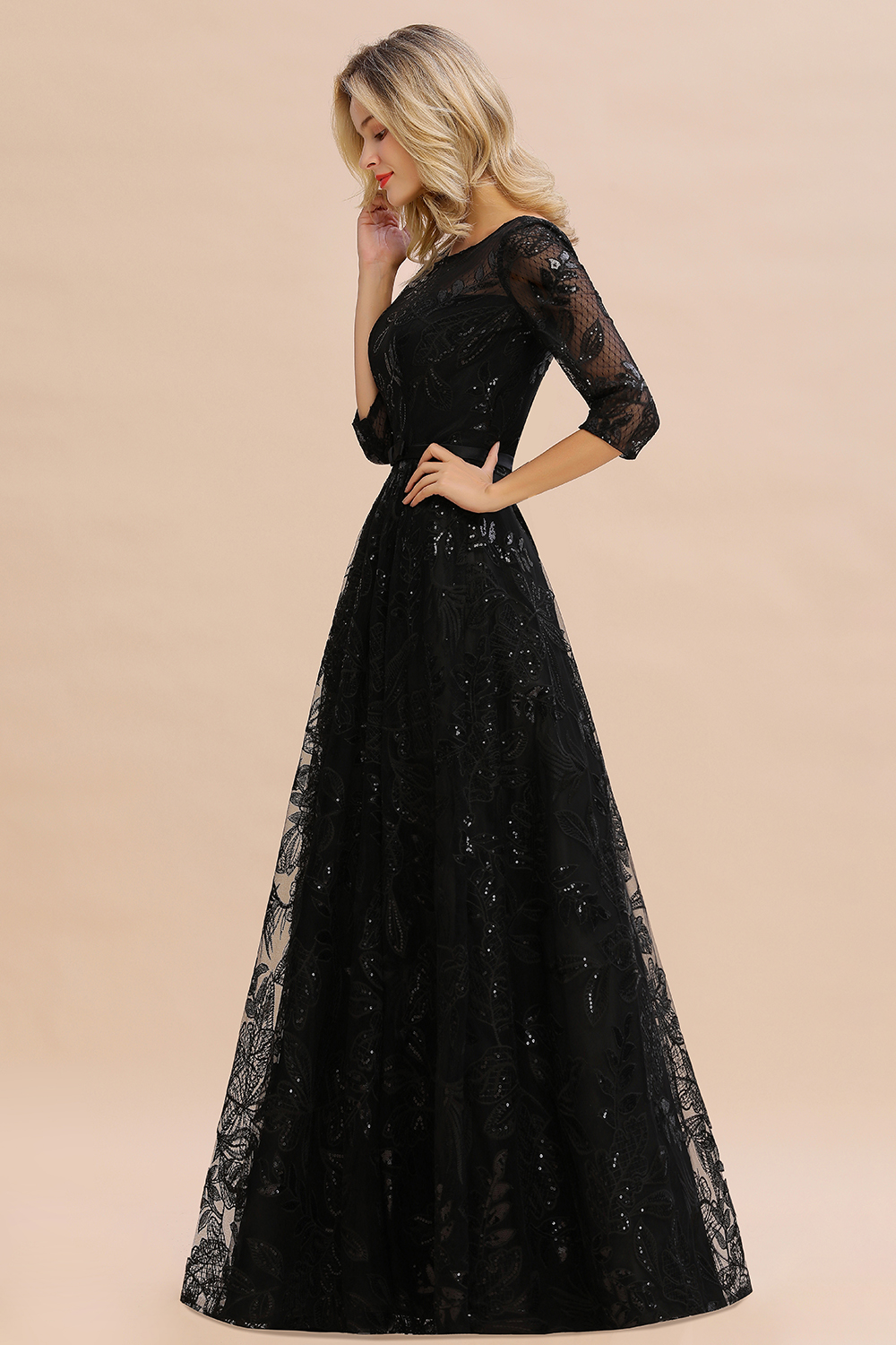 A-line Jewel Neck 3/4-Length Sleeves Floor-length Tulle Evening Dress With Sequins 11