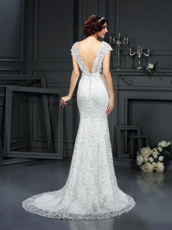 Mermaid V-neck Sleeveless Floor-length Lace Bridal Dress With Lace 2