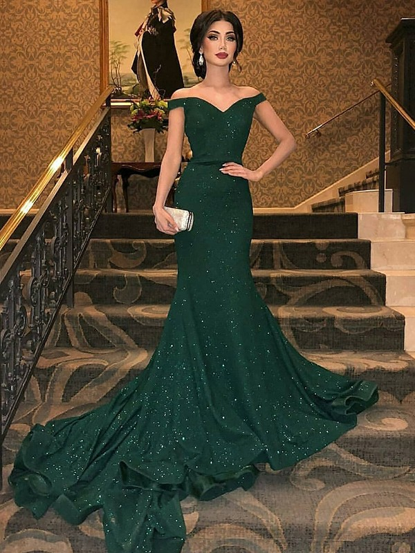 Mermaid Off-the-shoulder Sleeveless Sweep / Brush Train Evening Dress With Sequins 2