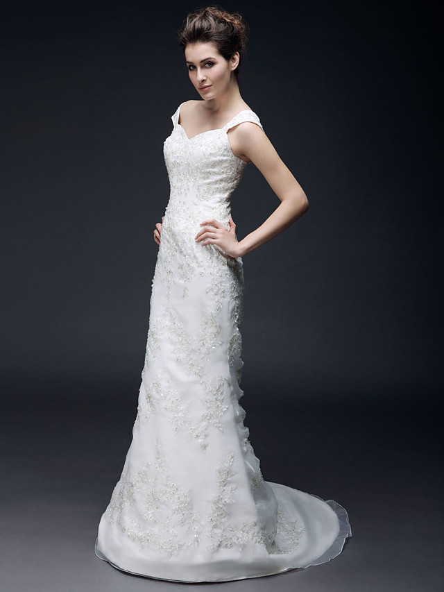 Mermaid Sweetheart Neck Short Sleeves Organza Wedding Gown With Sweep / Brush Train 3