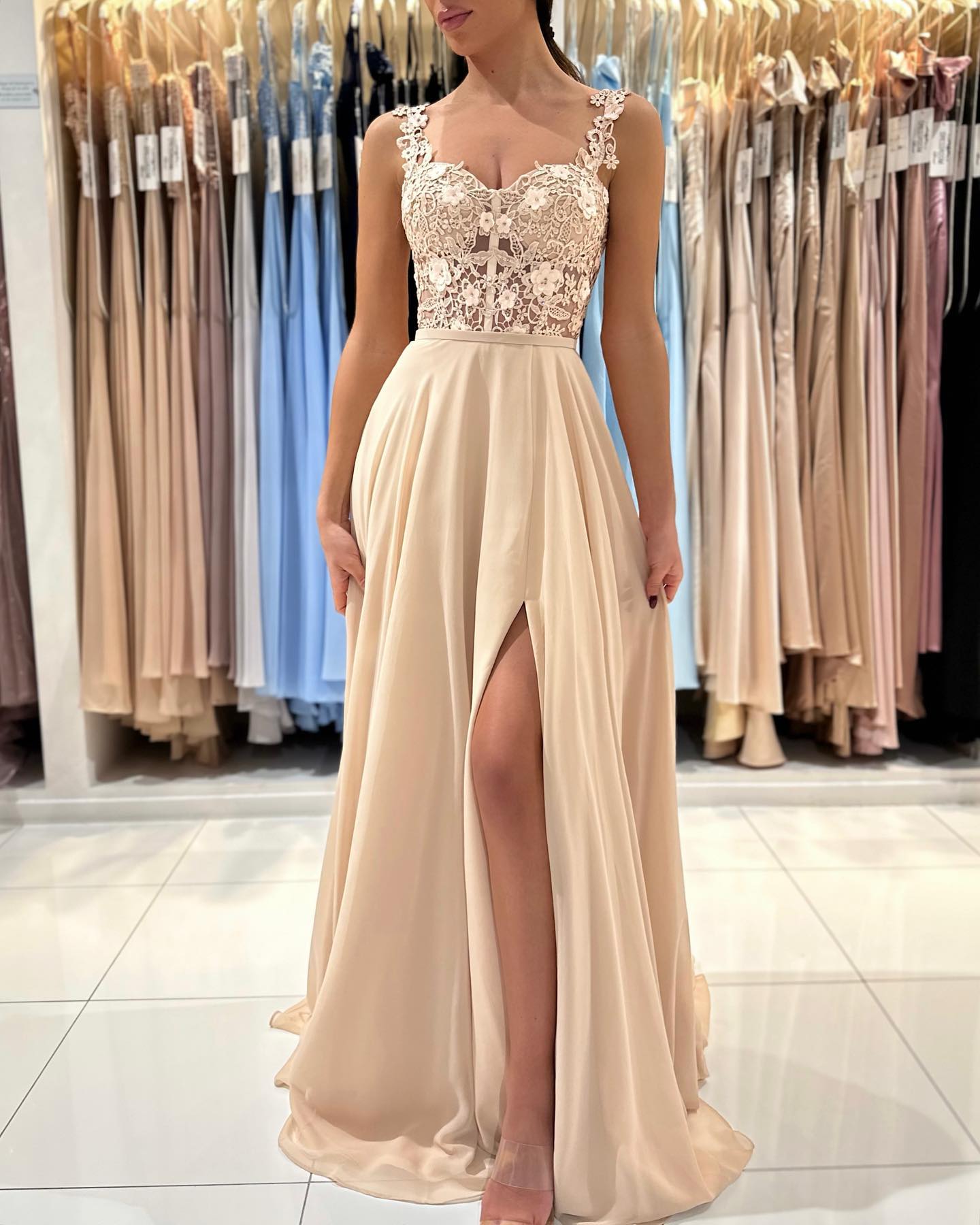 A-line Straps Sleeveless Floor-length 100D Chiffon Evening Dress With Beading 3