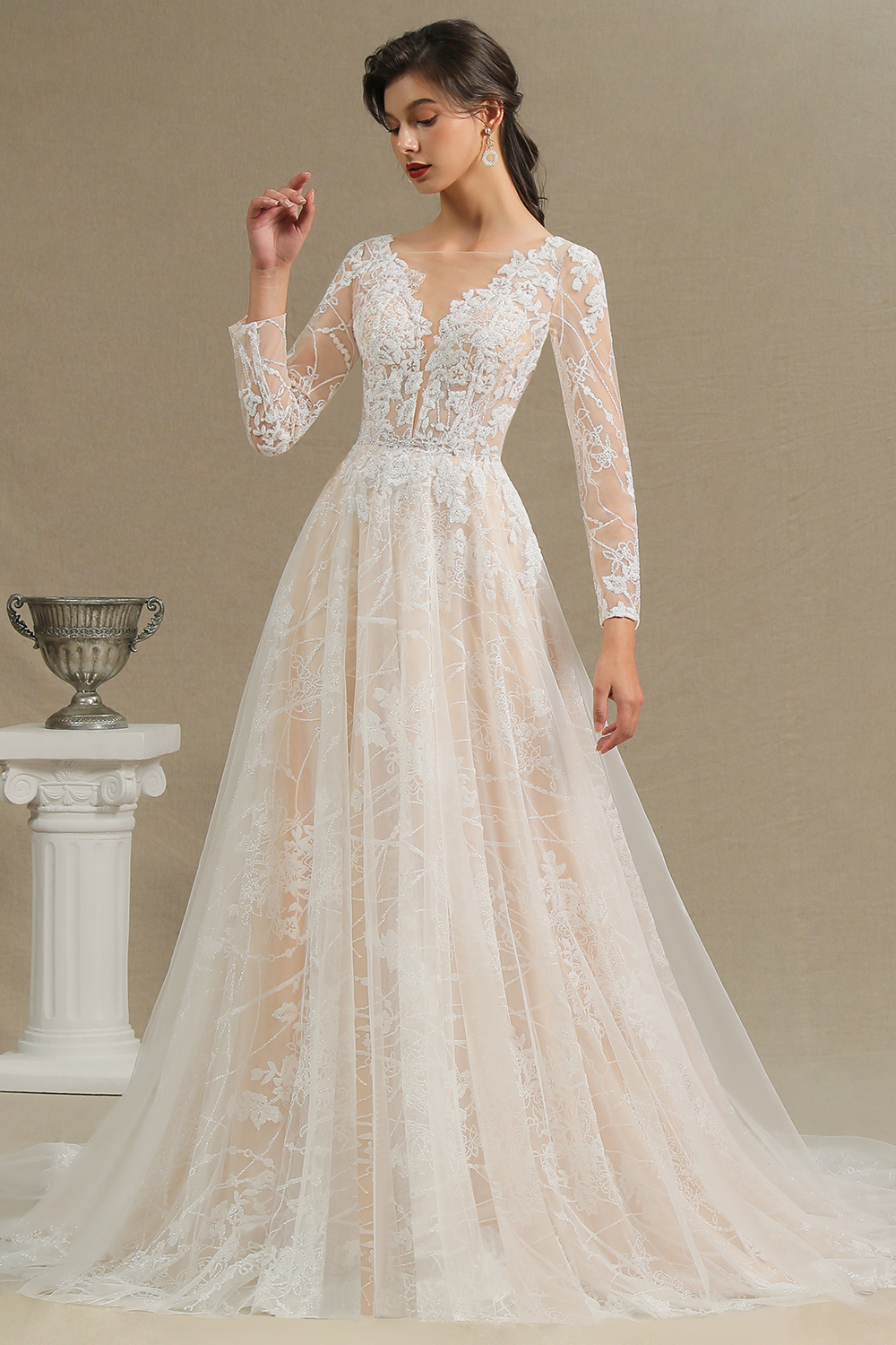 A-line Plunging Neckline Long Sleeves Sweep / Brush Train Tulle Wedding Dress With Lace 11