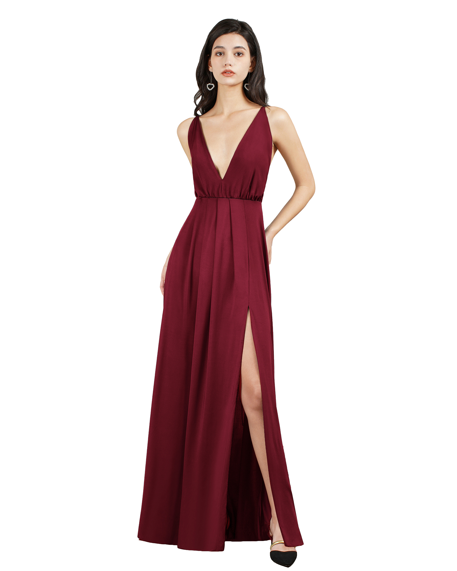 A-line V-neck Sleeveless Floor-length Spandex Evening Dress With Ruffles 3