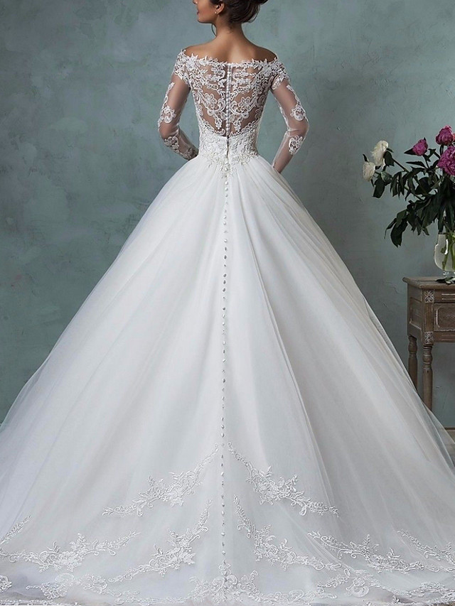 A-line Long Sleeves Floor-length Tulle Bridal Dress With Buttons 2