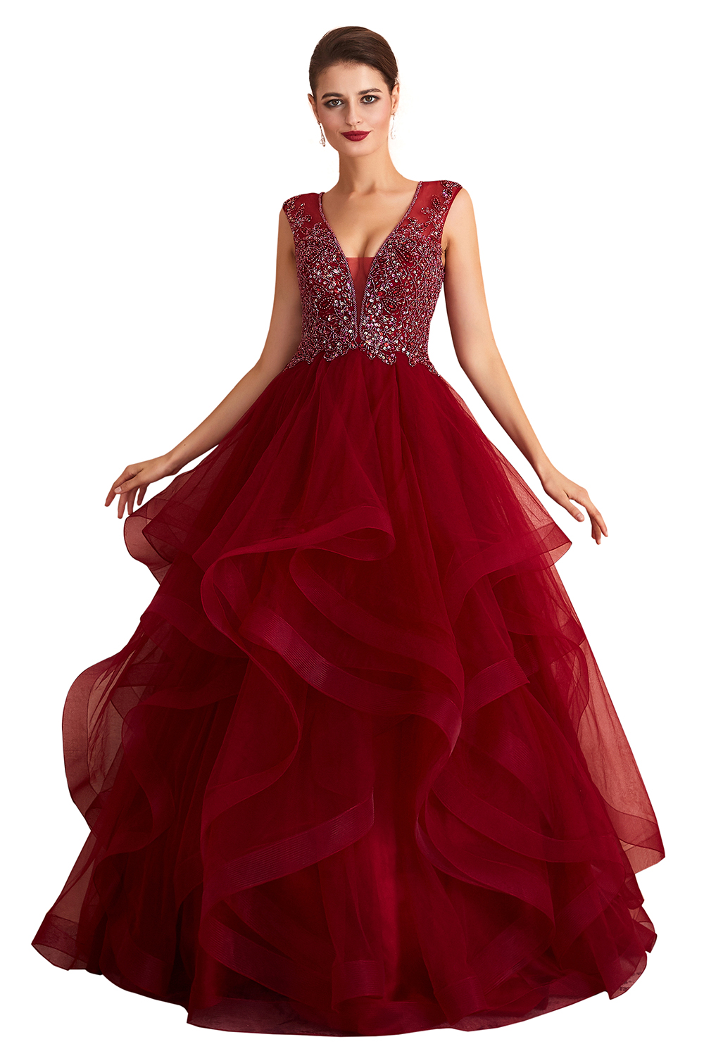 Ball Gown V-neck Sleeveless Sweep / Brush Train Tulle Evening Dress With Sequins 3