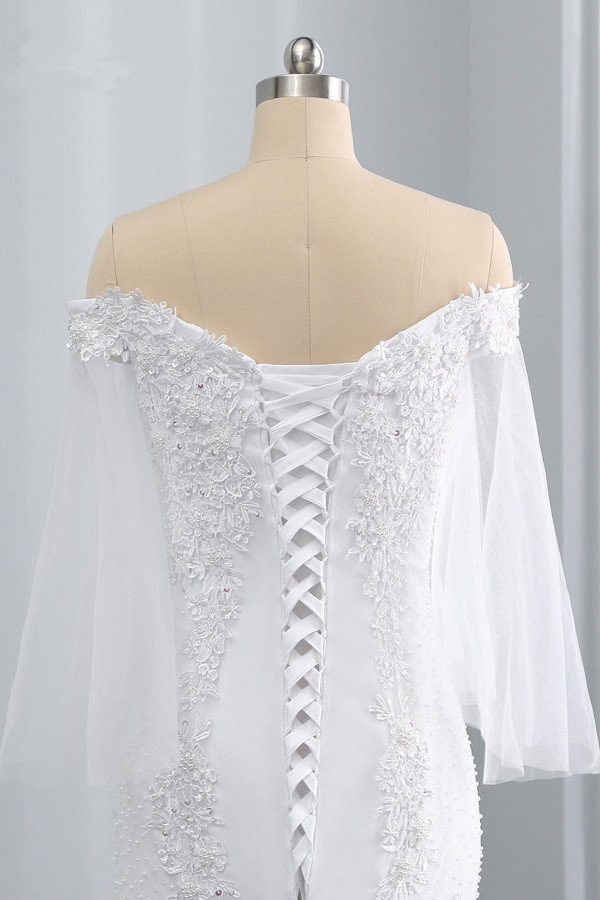Mermaid Strapless Off-the-shoulder Sweetheart Neck 3/4-Length Sleeves Floor-length Tulle Bridal Attire With Appliques 6