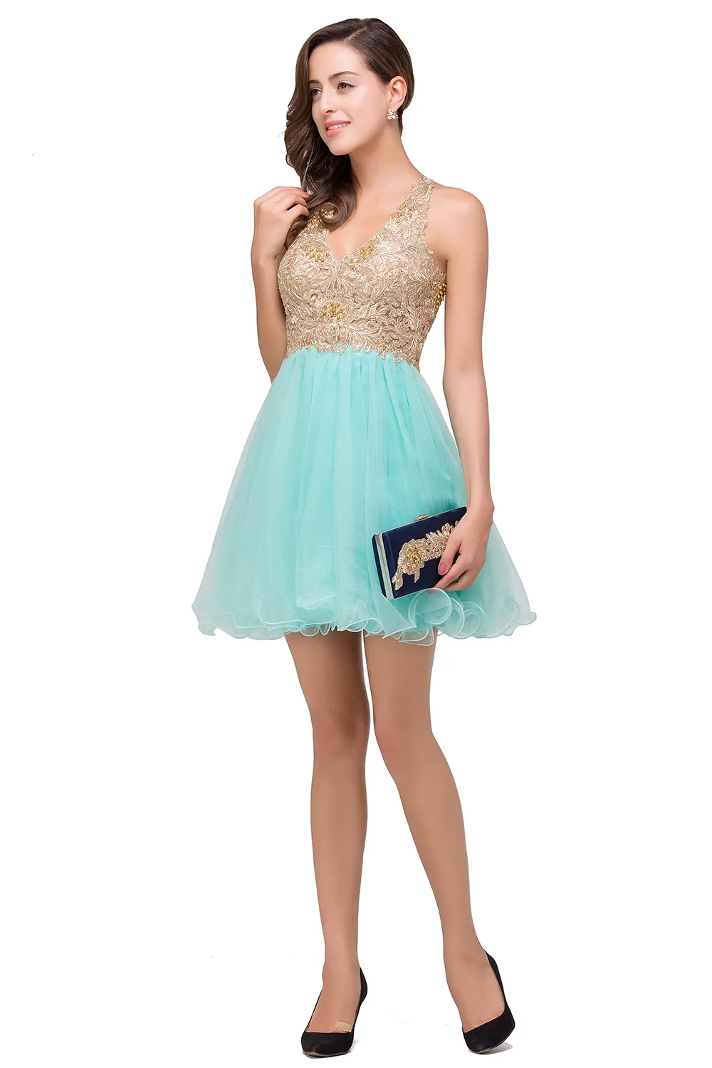 A-line Halter-neck Sleeveless Mini Organza Prom Dress With Appliques 10