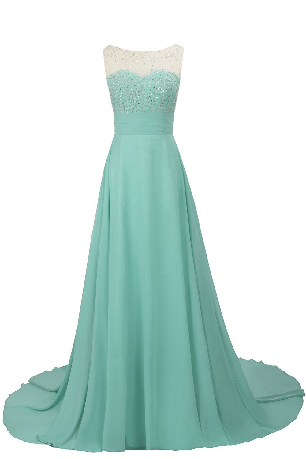 A-line Jewel Neck Sleeveless Court Train 100D Chiffon Evening Dress With Beading 10