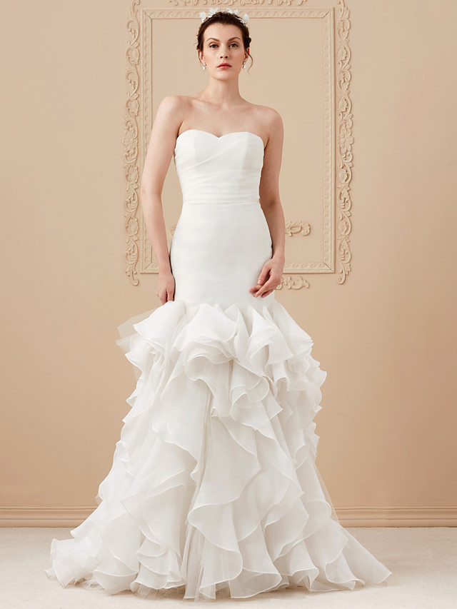 Mermaid Sweetheart Neck Cap Sleeves Sweep / Brush Train Organza Bridal Dress With Buttons 14