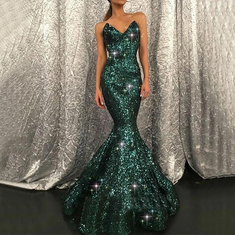 Mermaid Strapless V-neck Sleeveless Floor-length Formal Dress With Sequins 2