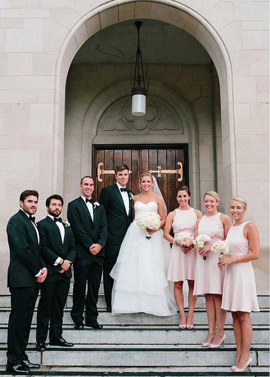 Column Jewel Neck Sleeveless Knee-length Bridesmaid Outfit 2