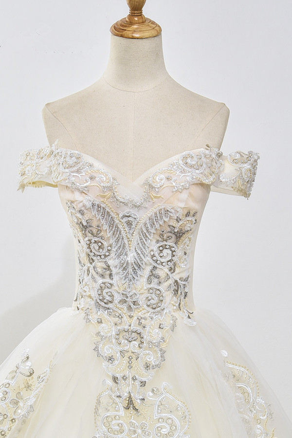 Ball Gown Off-the-shoulder Sweetheart Neck Floor-length Tulle Bridal Dress With Beading 5