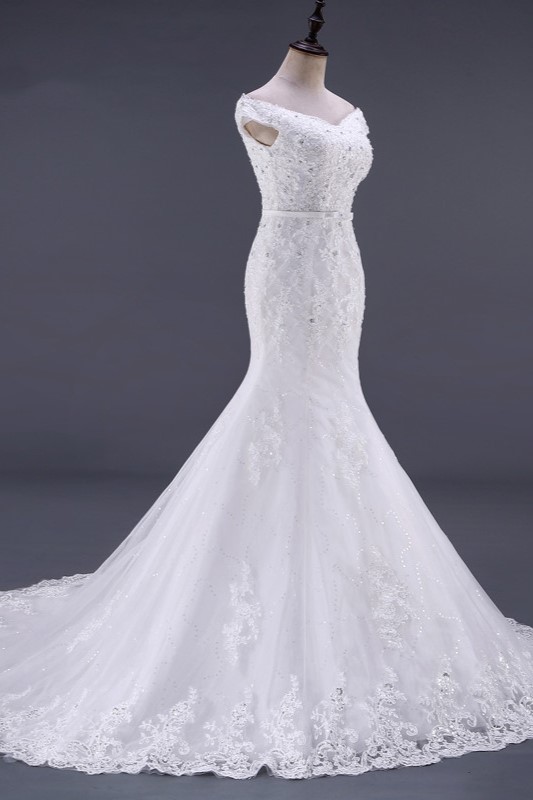 Mermaid Off-the-shoulder Sweetheart Neck Sleeveless Floor-length Tulle Bridal Attire With Lace 3