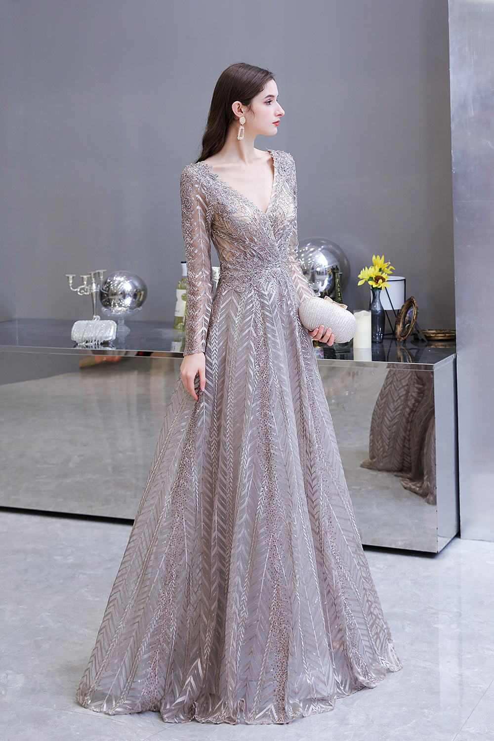 A-line V-neck Long Sleeves Sweep / Brush Train Lace Evening Dress With Pearls 10