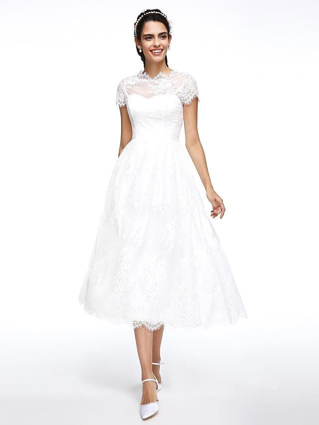 A-line Strapless Short Sleeves Tea-length 100D Chiffon Wedding Gown With Lace 2