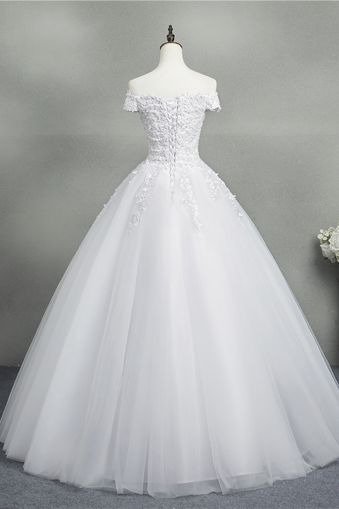 A-line Short Sleeves Floor-length Tulle Wedding Dress With Appliques 2