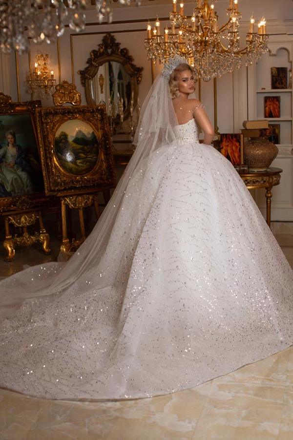 Ball Gown Jewel Neck Cap Sleeves Sweep / Brush Train Bridal Dress With Appliques 2