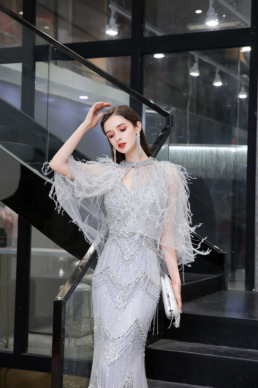 Mermaid V-neck Sleeveless Court Train Tulle Evening Gown With Feathers 6