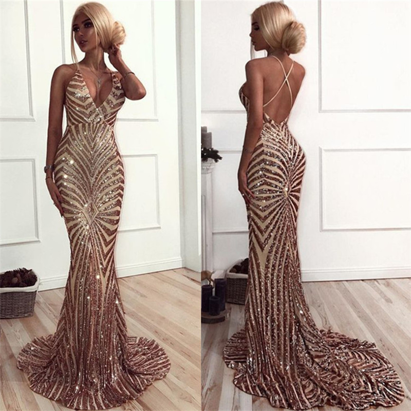Column V-neck Sleeveless Court Train Evening Dress With Sequins 4