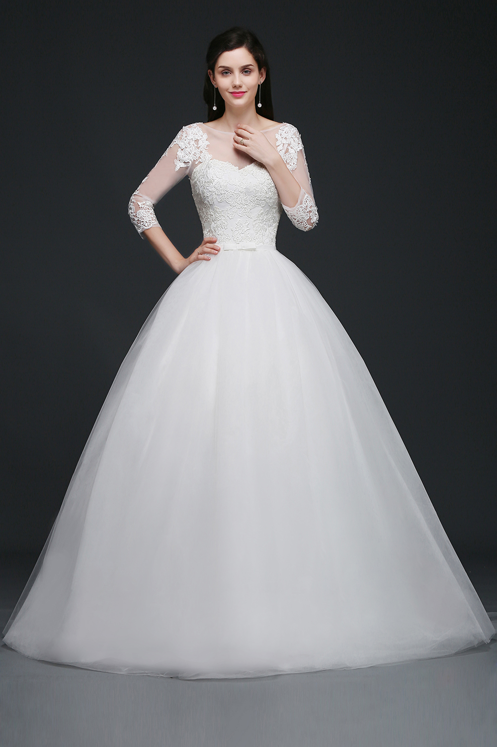 Ball Gown Scoop Neck 3/4-Length Sleeves Sweep / Brush Train Tulle Wedding Gown With Lace 3