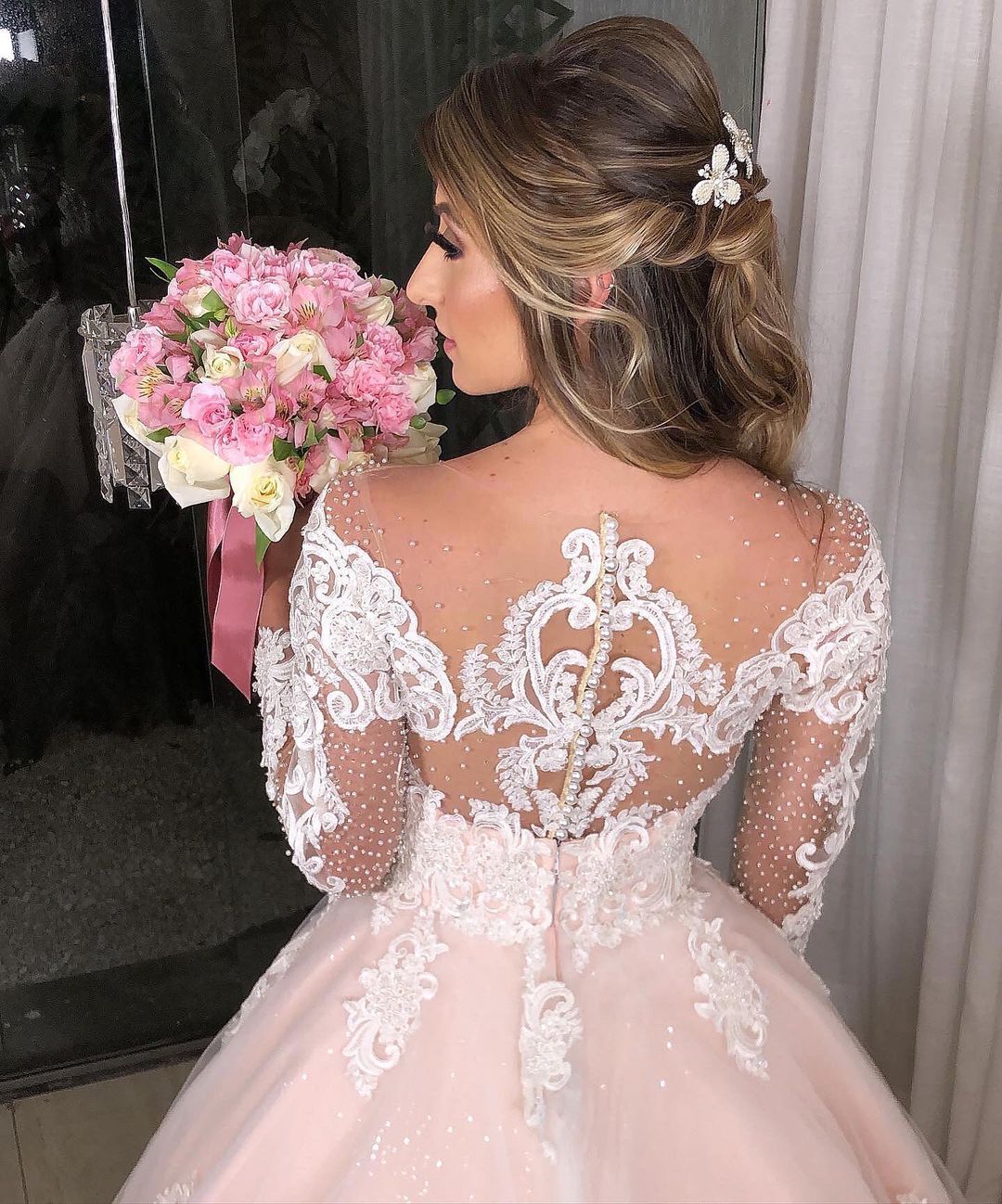 A-line Jewel Neck Long Sleeves Court Train Lace Bridal Dress With Lace 2