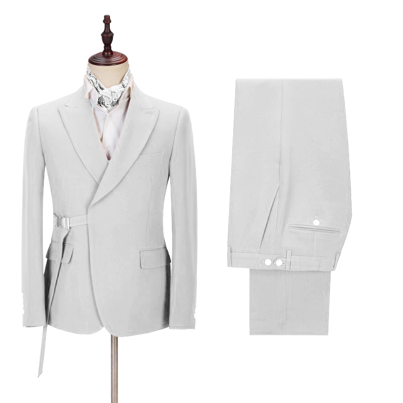 Silver Peaked Lapel Men's Suit with Adjustable Buckle 2