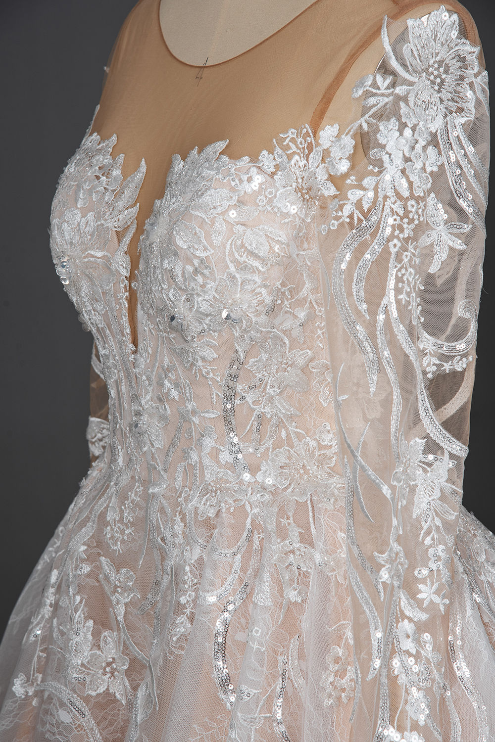 A-line Jewel Neck Long Sleeves Cathedral Train Tulle Wedding Gown With Lace 8