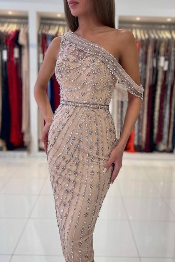 Mermaid One Shoulder Sleeveless Knee-length Satin Evening Dress With Beading 3