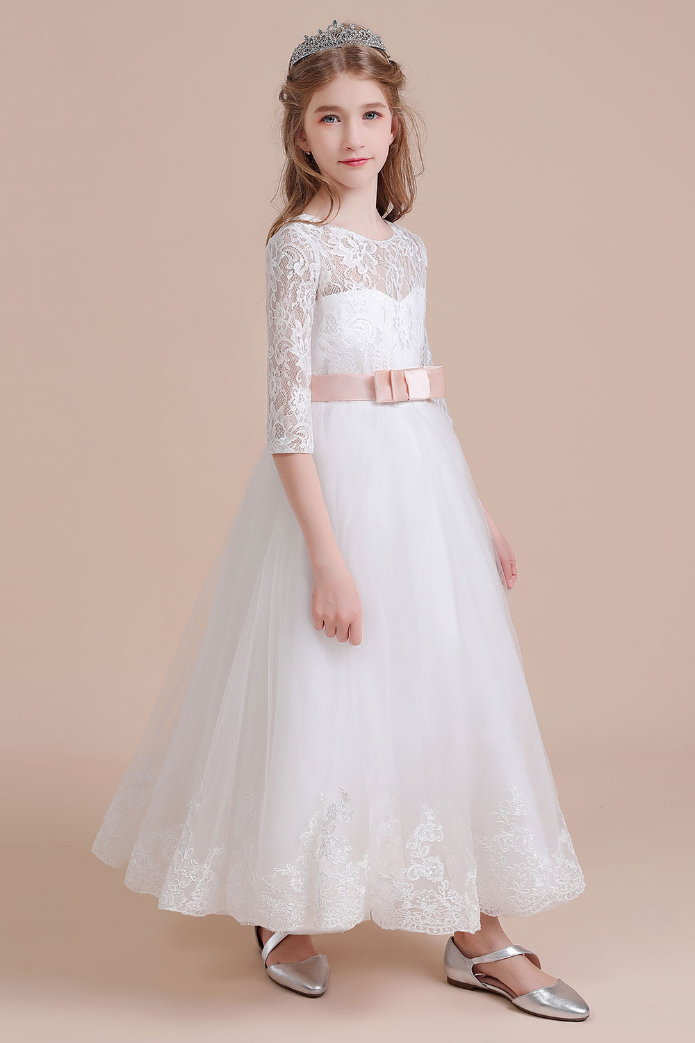 A-line Sweetheart Neck Jewel Neck 3/4-Length Sleeves Ankle-length Tulle Flower Girl Dress With Ribbons 3