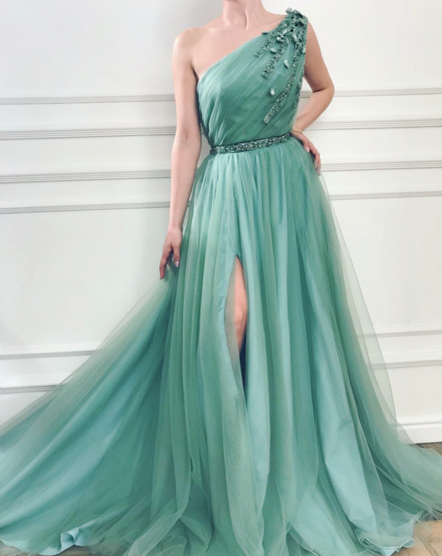 A-line One Shoulder Sleeveless Sweep / Brush Train Formal Wear With Appliques 2