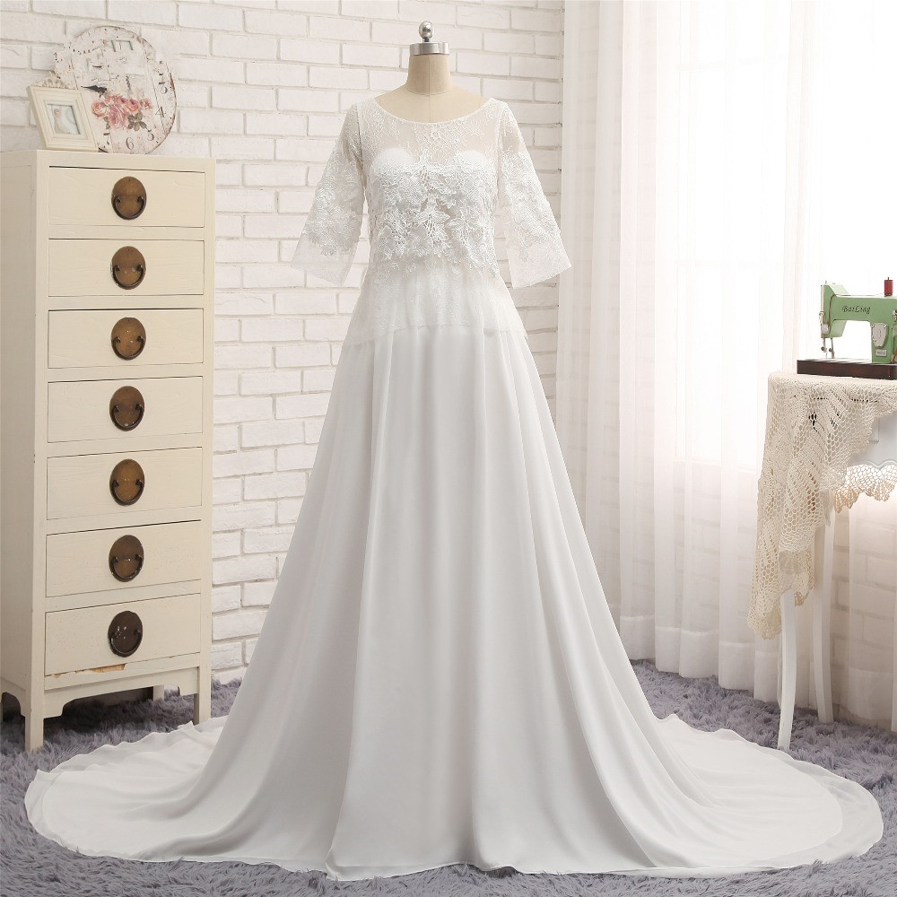 A-line Jewel Neck Half-Sleeves Floor-length 100D Chiffon Wedding Dress 5