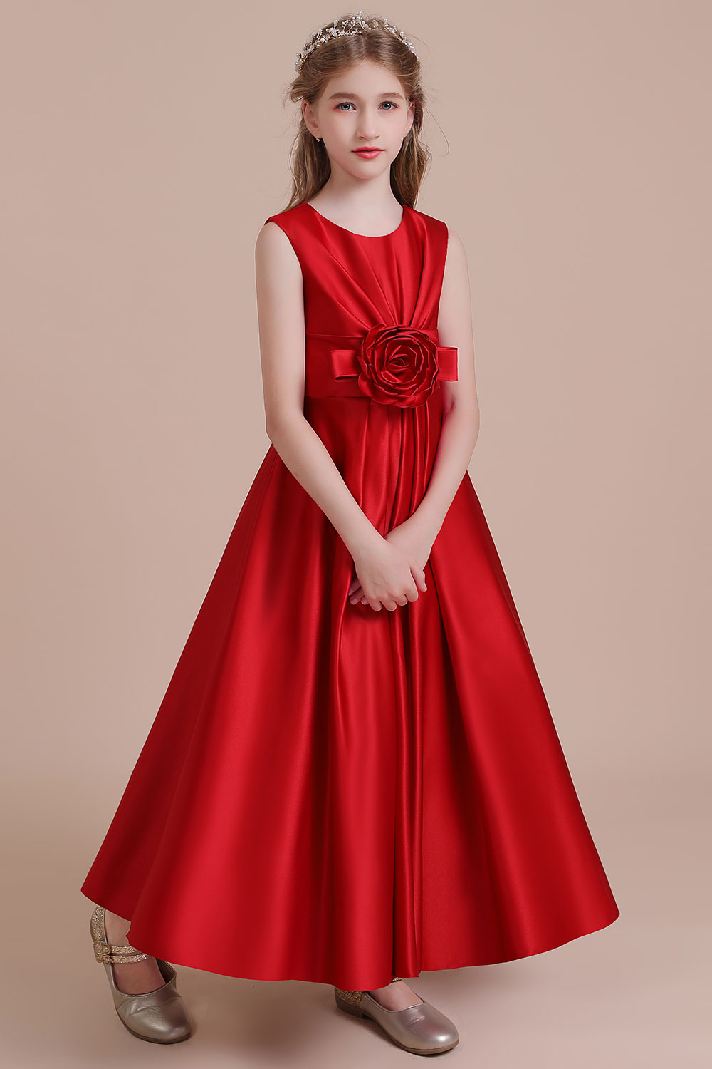 A-line Jewel Neck Sleeveless Ankle-length Satin Flower Girl Dress With Flower(s) 3