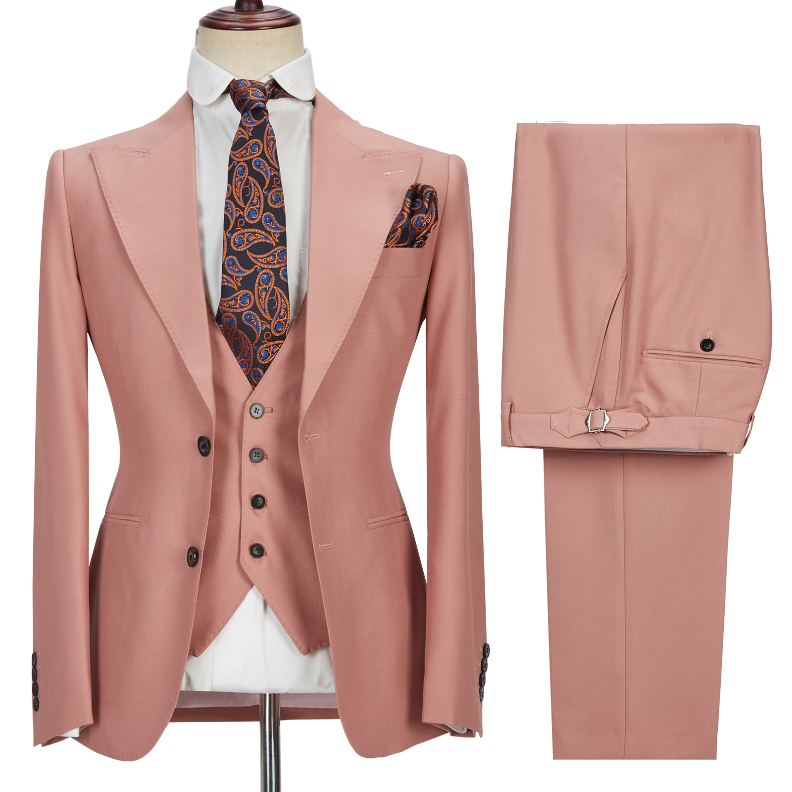 Coral Pink 3 Piece Men's Suit with Two Buttons and Peak Lapel 5