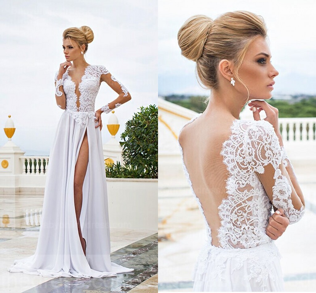 A-line V-neck Sweep / Brush Train 100D Chiffon Bridal Gown With Lace 2