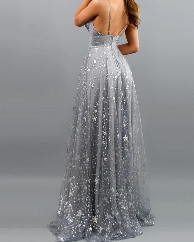 A-line Plunging Neckline Sleeveless Floor-length Prom Dress With Sequins 4