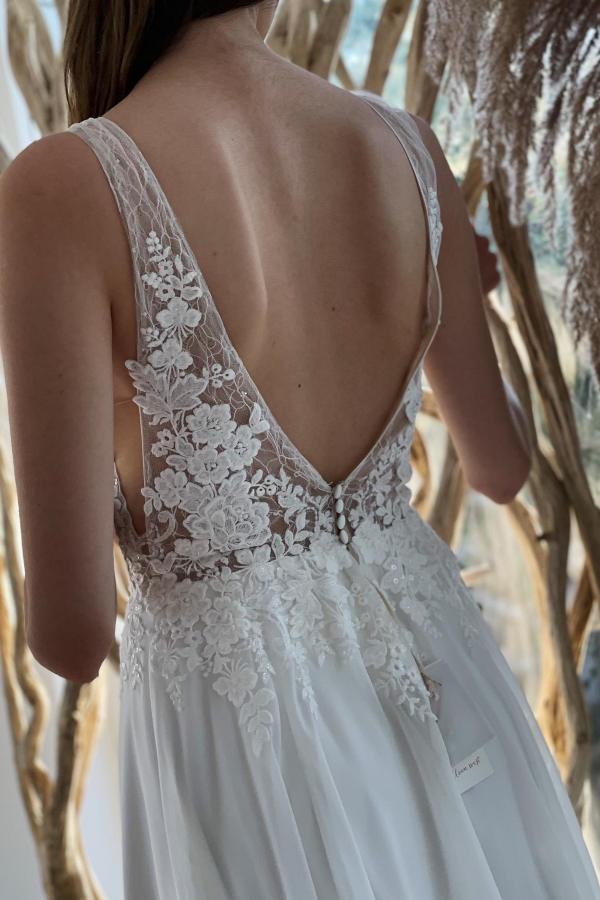 Deep V-Neck Floral Lace Applique A-Line Chiffon Wedding Gown 2