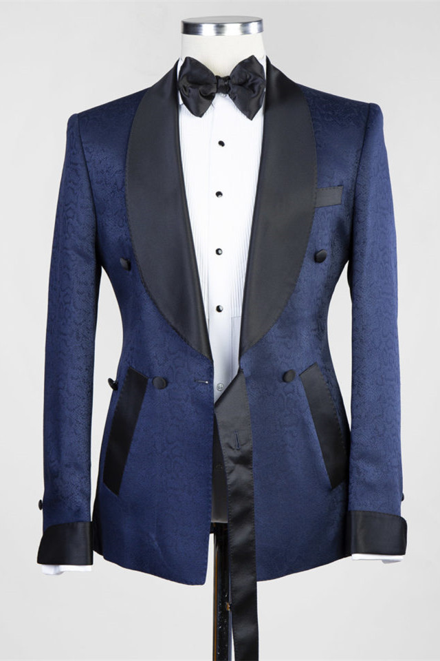 Dark Navy Double Breasted Men's Suit with Shawl Lapel for Wedding 3