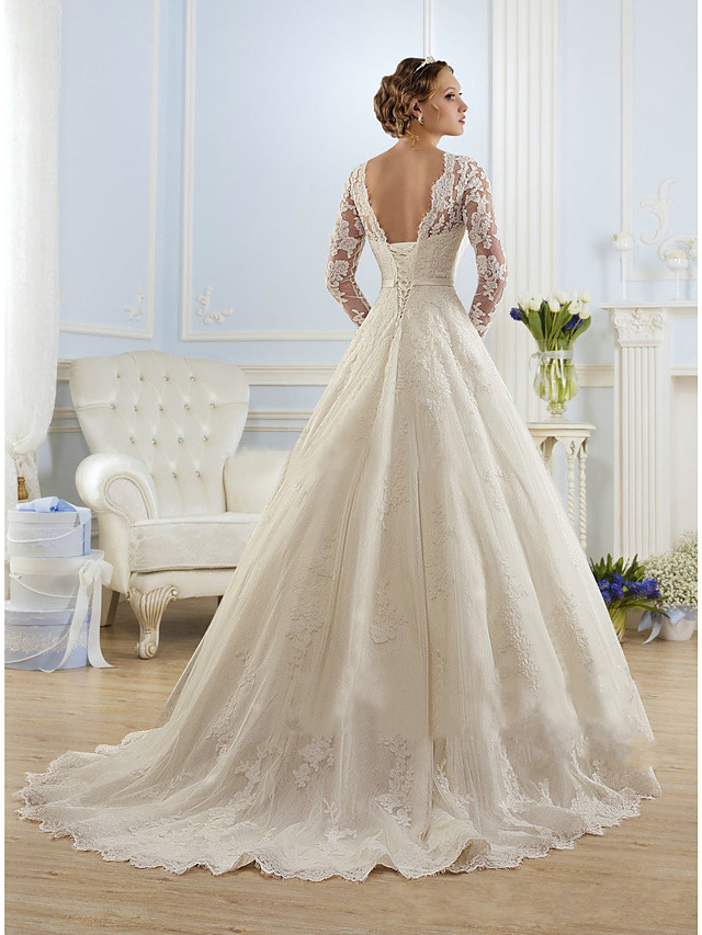 A-line Long Sleeves Court Train Tulle Bridal Gown With Lace 2