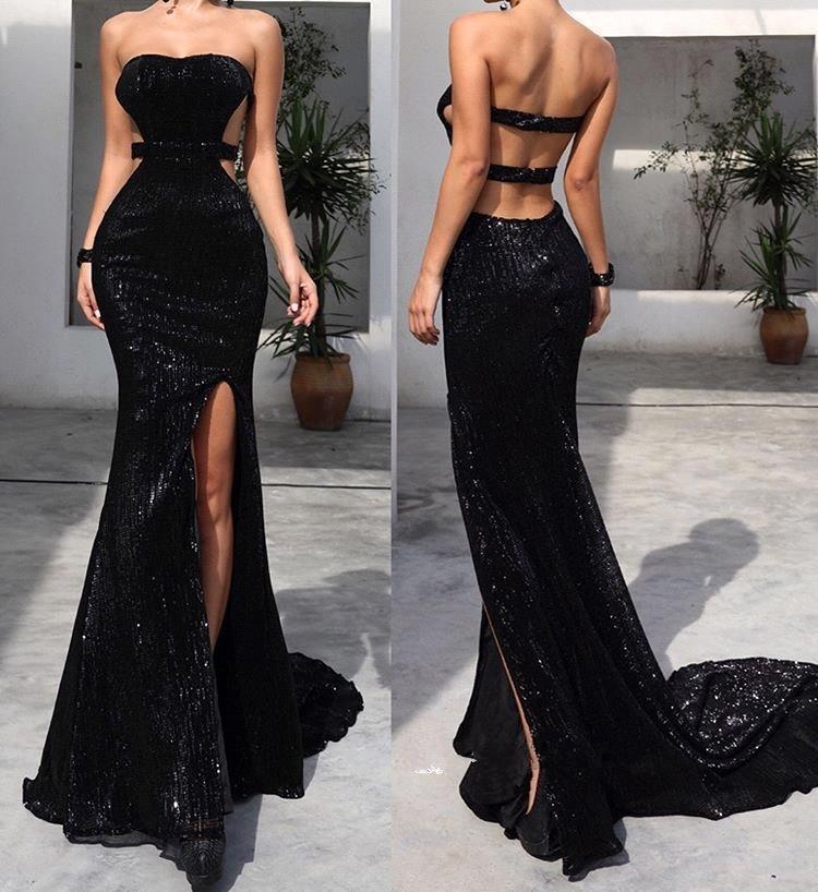 Column Strapless Sleeveless Sweep / Brush Train Party Gown With Sequins 2