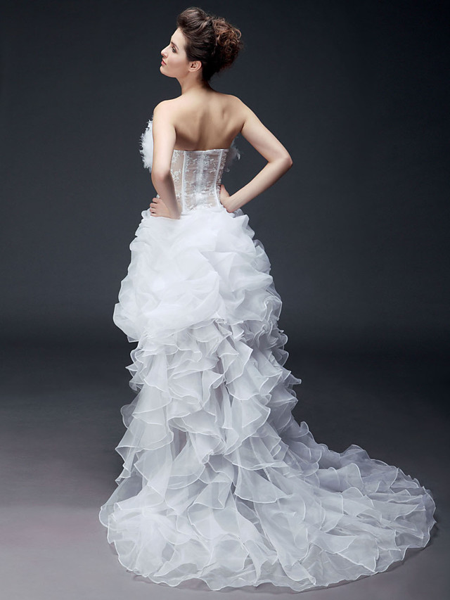 Ball Gown Strapless Sleeveless Asymmetrical Tulle Wedding Gown With Sweep / Brush Train 3