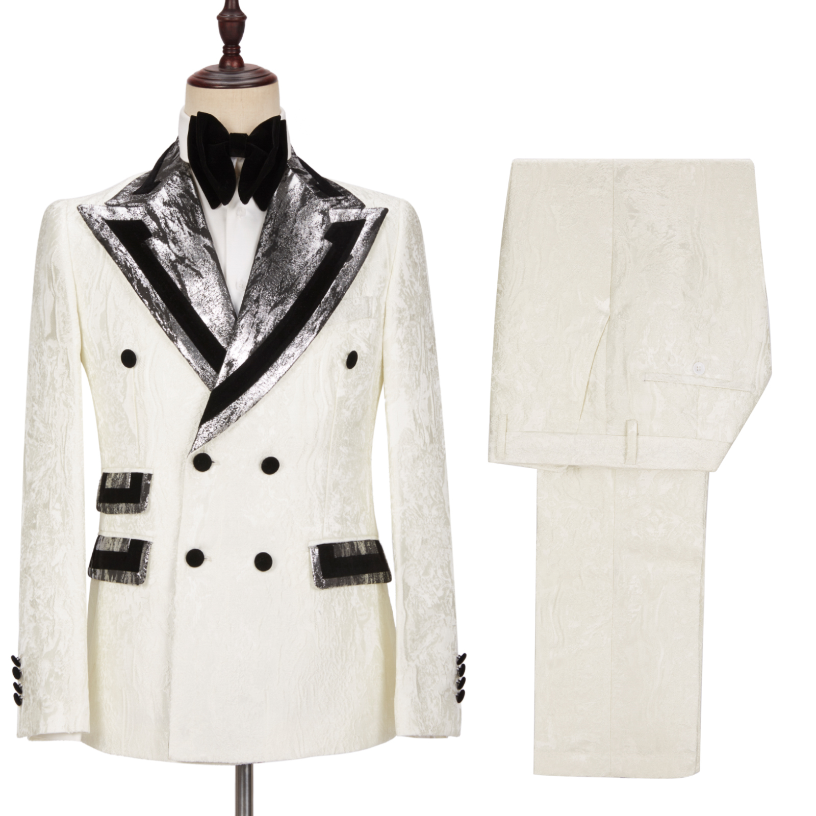 White Jacquard Men's Wedding Suit with Silver Gray Lapel Flaps 4