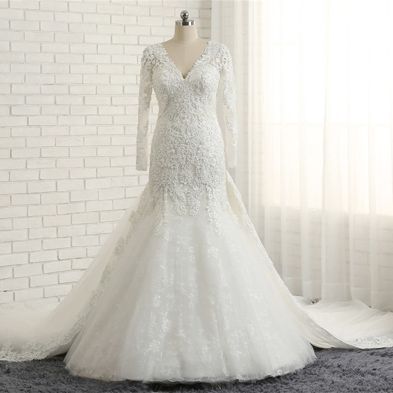 Mermaid V-neck Long Sleeves Floor-length Tulle Bridal Attire With Appliques 5
