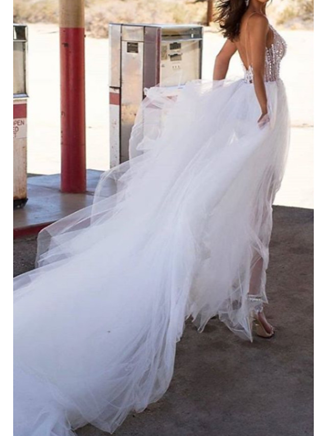 A-line Straps V-neck Asymmetrical Tulle Bridal Dress 2