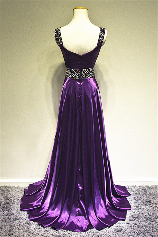 A-line V-neck Sleeveless Sweep / Brush Train Taffeta Evening Gown With Beading 2